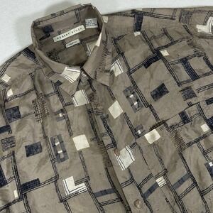 Robert Stock Mens Medium Tan 100% Silk Geometric Short Sleeve Button‎ Up Shirt